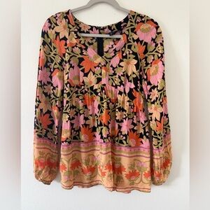 Mittoshop Boho V-neck Floral Black, Pink, and orange blouse size small